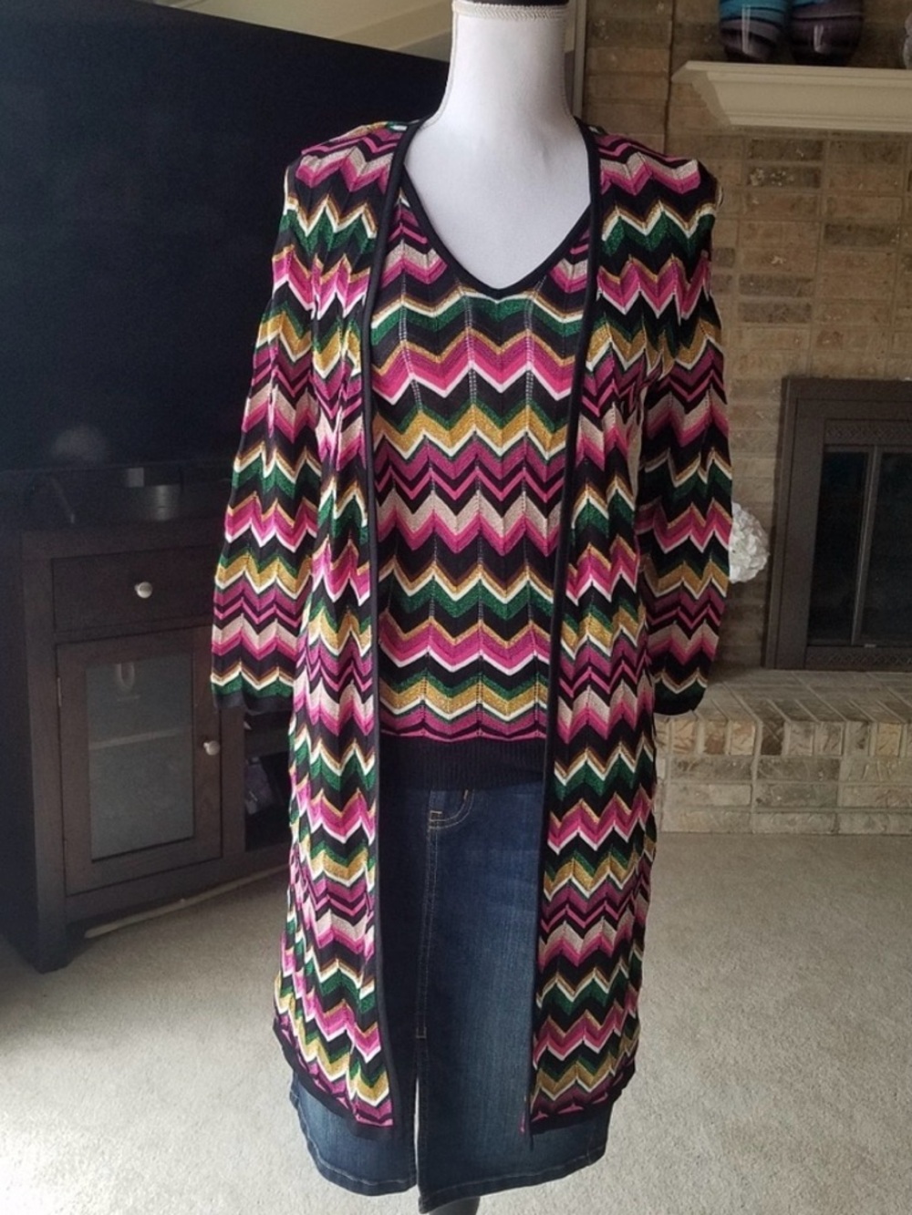 Petite INC Open Front Multicolor Shimmery Chevron Knit Long Cardigan Duster NWOT
